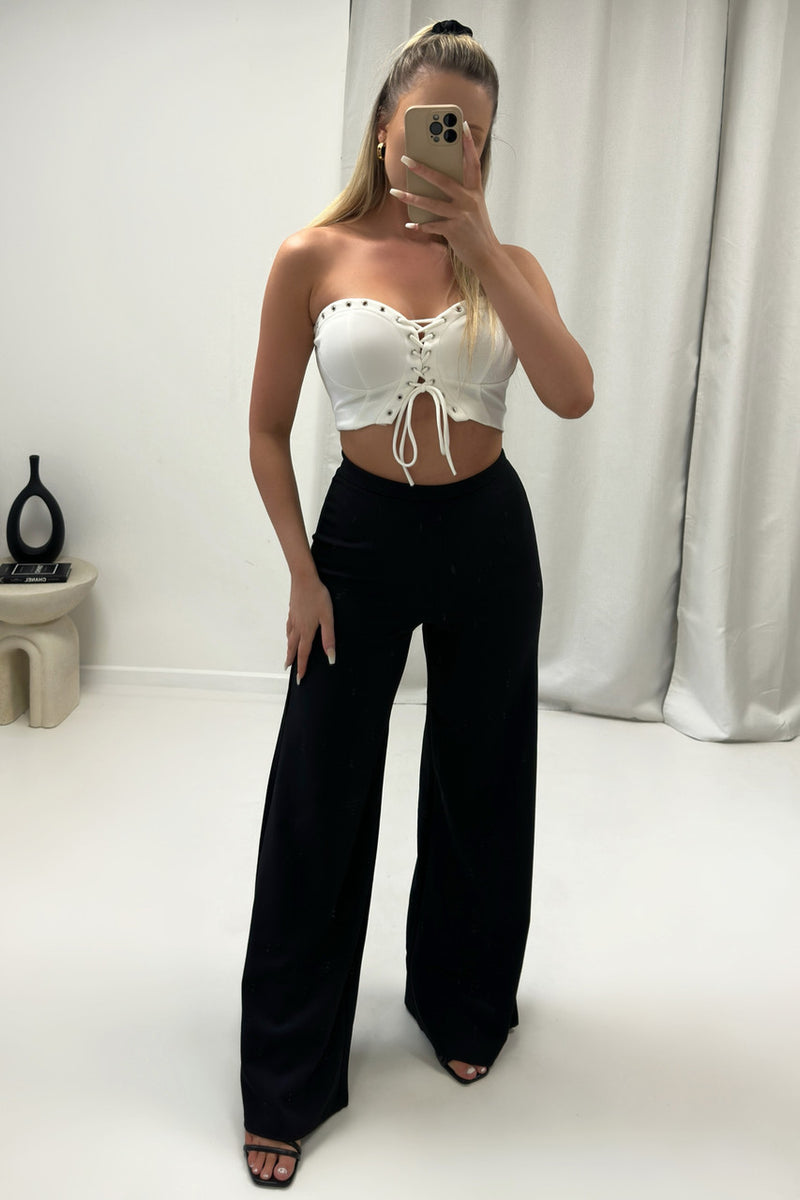 Black mesh stripe high waisted wide leg trousers online